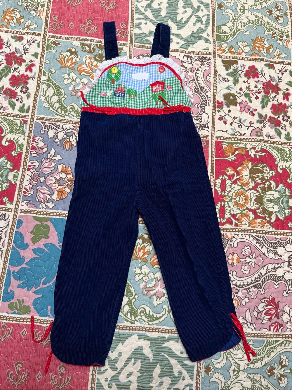 VTG Navy Corduroy Farmhouse Barn Patchwork Overalls 3T 100% Cotton